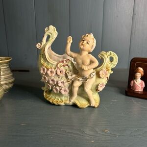 Vintage KPM Planter Cherub Putti Figurine Bisque Porcelain Boat Vase